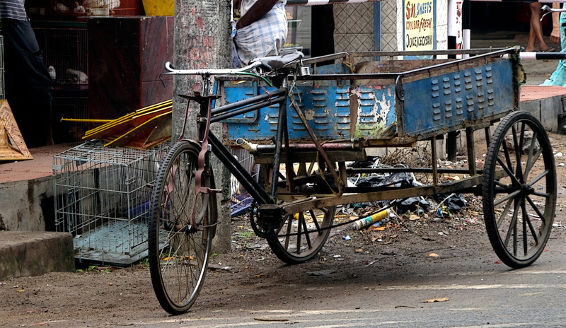 architecture, street, blue, basket, building, land vehicle, india, road, no people, outdoors, bike, cart, black, poverty, mode of transportation, built structure