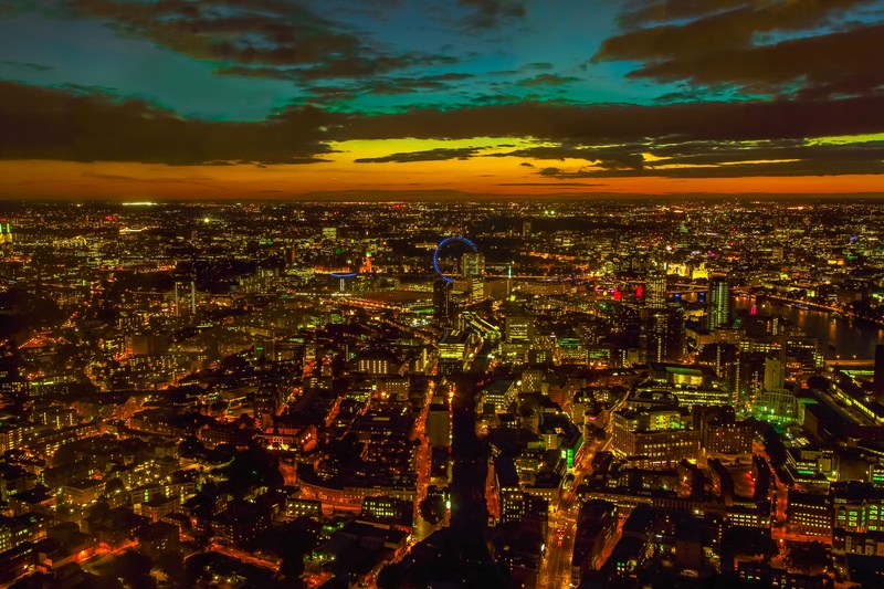crowd, cloud - sky, accent, illuminated, modern, cityscape, crowded, london, built structure, sky, sunset, architecture, high angle view, nature, painting