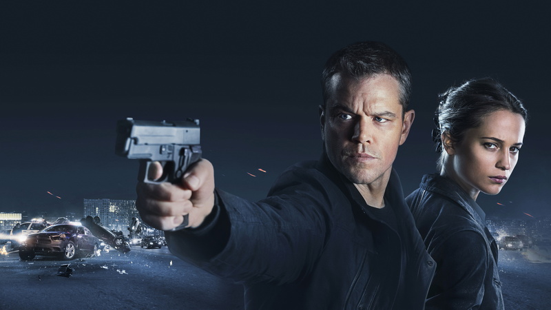 Alicia Vikander, automatic, holding, pistol, man, black, Jason Bourne, Matt Damon, d, Bourne 5, best movies, woman, jacket, semi, 8K