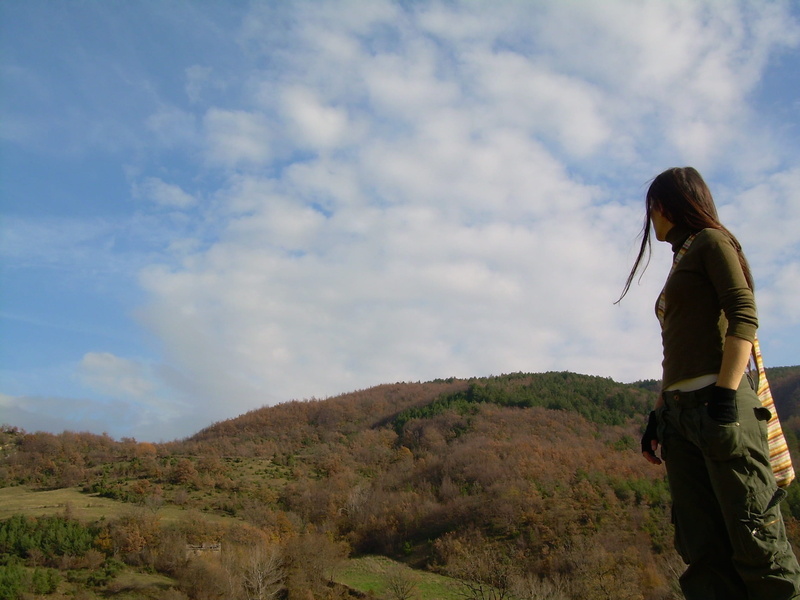 three quarter length, time, horizon, vista, autumn, autumn woods, one person, mountains, atmosphere, landscape, standing, blue, reserve, cloud - sky, trees