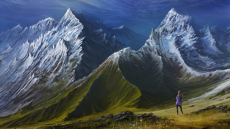 Snowy Peak, artwork, grass, 1080P, mountains, digital art, Hills, landscape, women, painting, clouds, Valley, nature