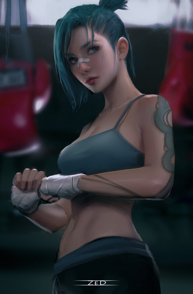 Trungbui, tattoo, drawing, women, bandage, punching bag, 1080P, gyms, sportwear, looking away