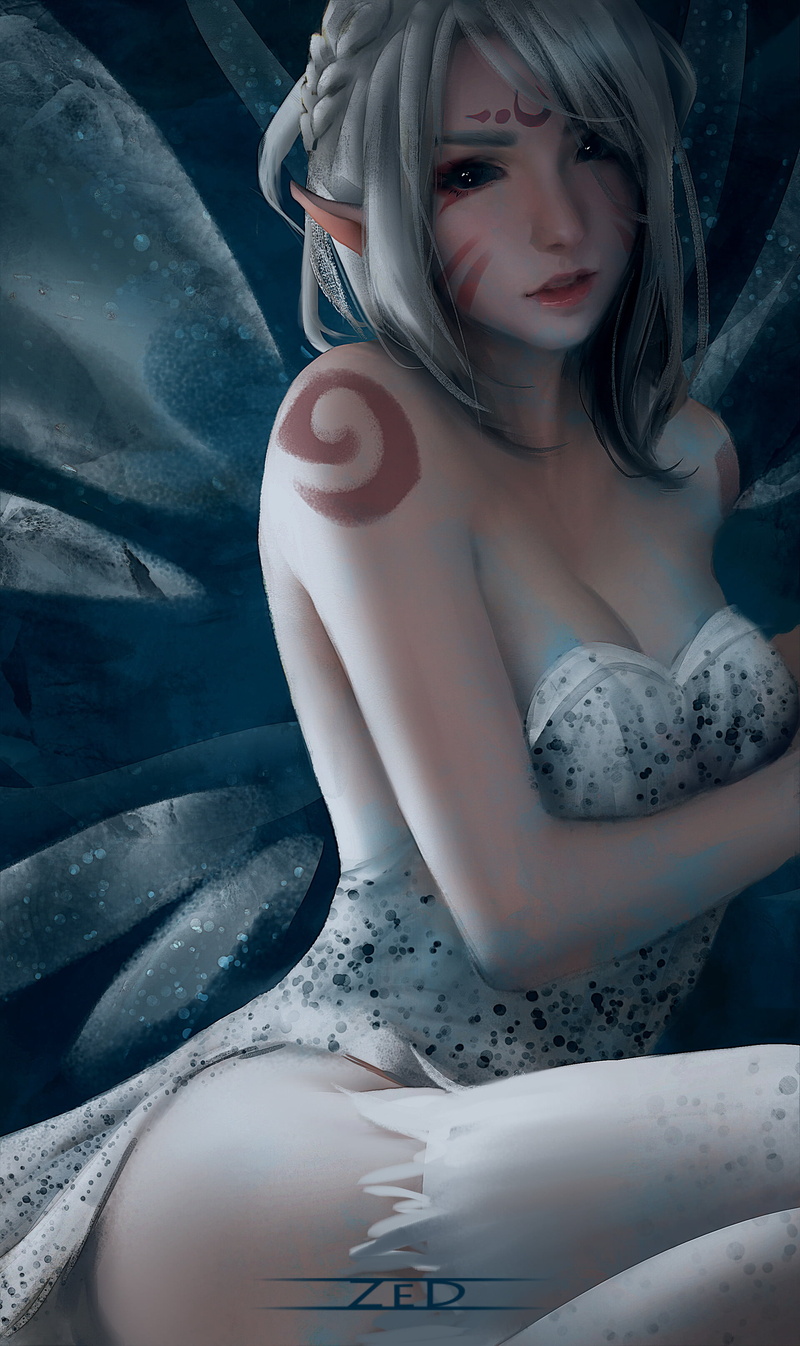 dark eyes, silver hair, Trungbui, drawing, women, wings, dress, moth, 2K, tattoo