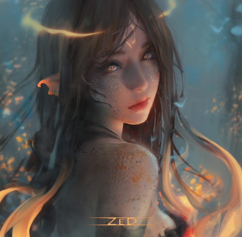 scales, portrait, drawing, underwater, 1080P, Trungbui, brunette, women, goldfish