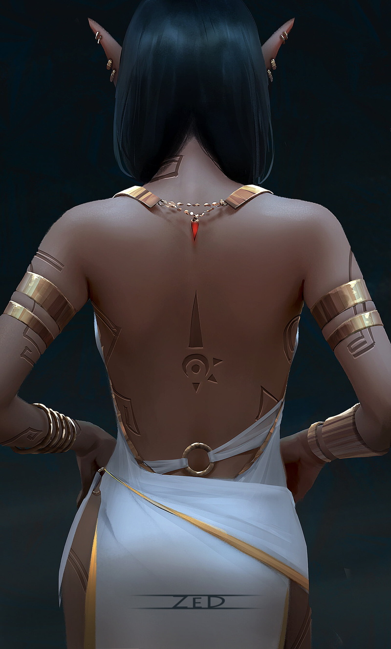 2K, white clothing, elves, women, Trungbui, drawing, simple background, dress, jewelry, dark hair, gold