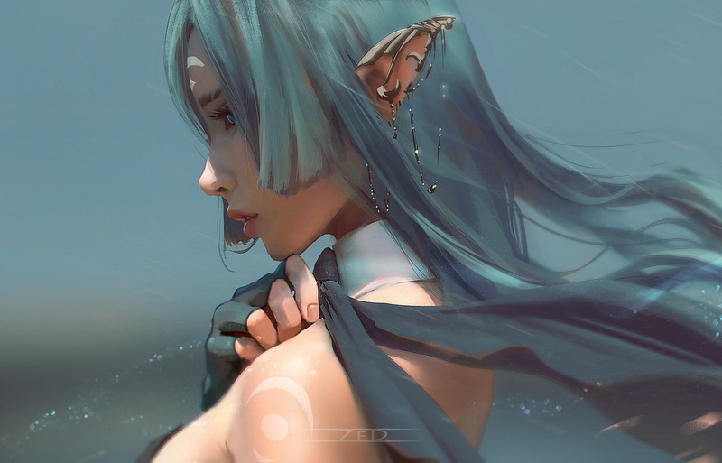 gradient, blue eyes, long hair, drawing, looking away, elves, Trungbui, women, portrait, blue hair, 1080P