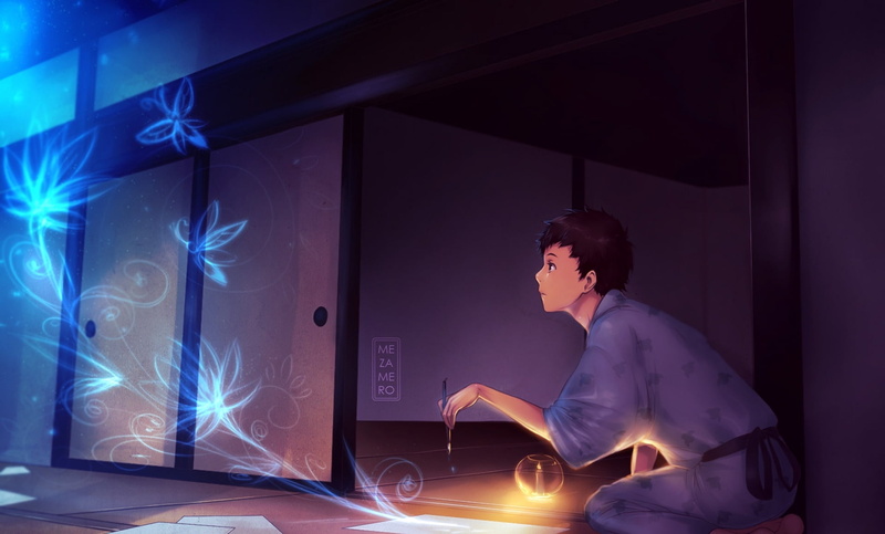 pen, technology, light - natural phenomenon, brush, waist up, room, music, fantasy, black, draws, occupation, guy, illuminated, flowers, candle, women