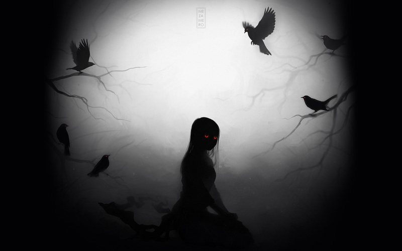 eyes, anime, flight, emotion, possessed, 1080P, birds, demon, horror, scary, ravens, glow, light, fantasy, crow, gothic, death, mezamero, zombie, moon