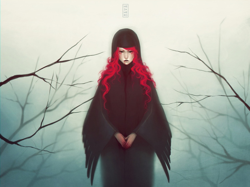 art, fantasy, 1080P, Mezamero, girl, wings, blood, red, hair, Branches, mood