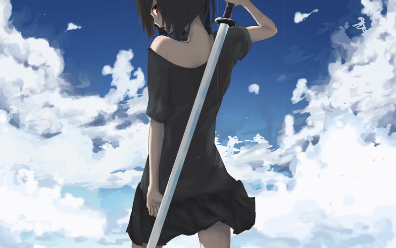 eyes, hair, short hair, 1080P, x, swords, shot, red eyes, hot, lowangle, art, girls, skyscapes, red, anime, hd, short