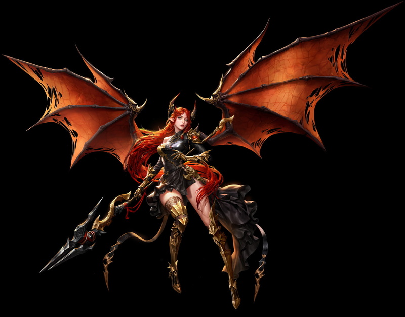 redhead, black background, drawing, wings, long hair, warrior, flying, weapon, tail, Jungmin Jin, simple background, women, 1080P