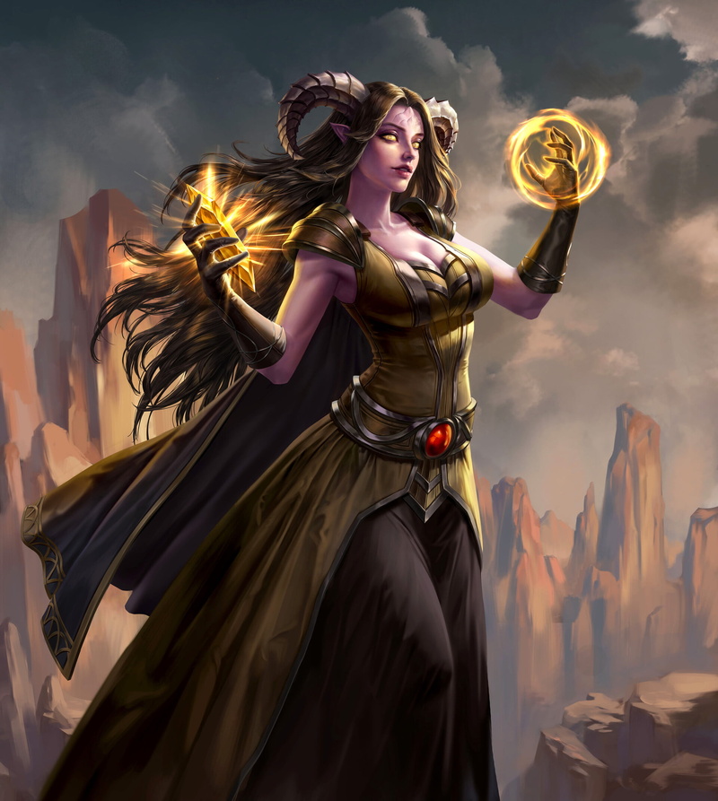 wind, horns, Jungmin Jin, drawing, dress, cliff, long hair, glowing, belt, crystal, brunette, yellow eyes, 1080P, spell, women, fantasy art