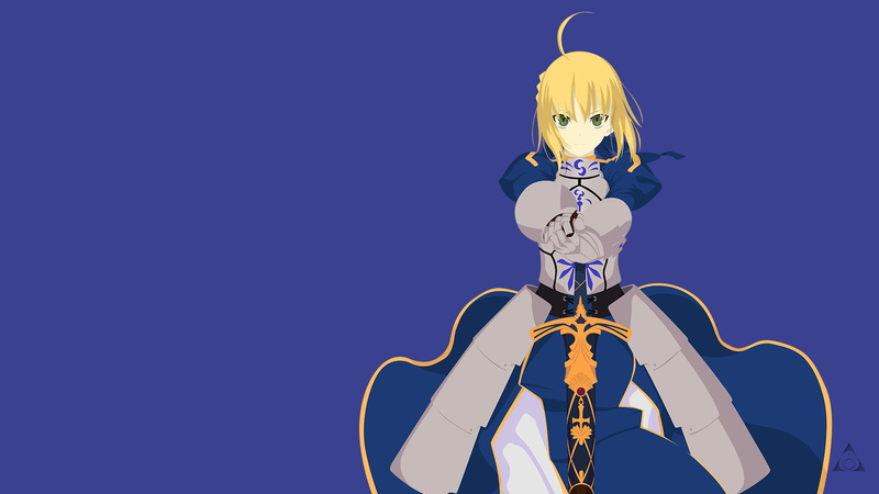 Glove, Green Eyes, Dress, Minimalist, Blonde, 1080P, Anime, Fate/Stay Night, Saber (Fate Series), Armor, Fate Series, Weapon, Sword, Blue Dress, Smile