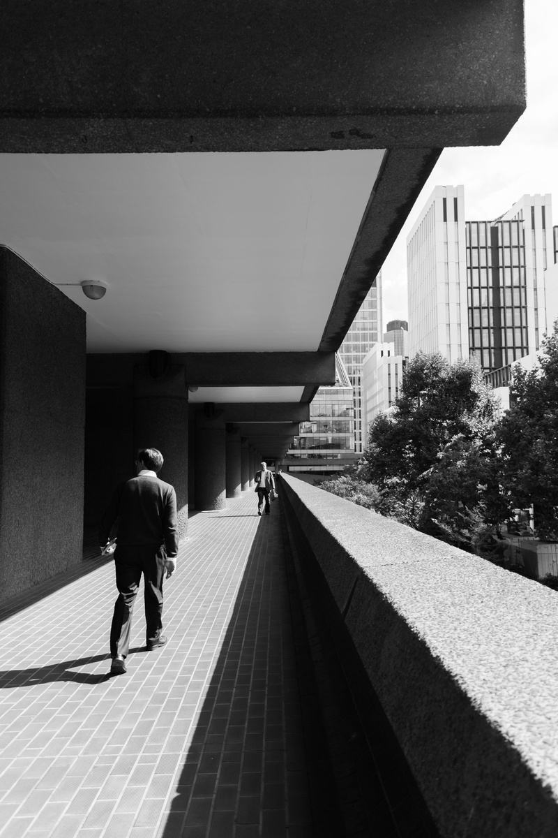 city, barbican, the way forward, nature, full length, footpath, men, black and white, london, building exterior, street, rear view, people, lifestyles