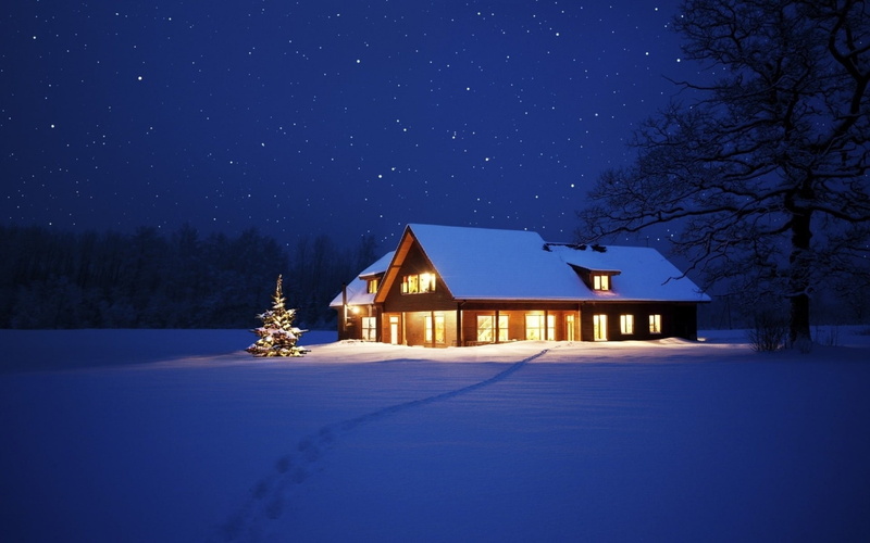 snow, christmas, tracks, stars, seasonal, path, night, sky, 1080P, seasons, Holidays, trees, lights, winter, nature
