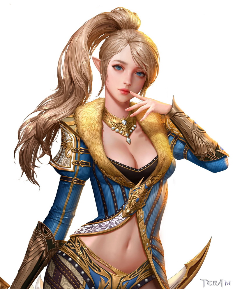 women, Jungmin Jin, blonde, elves, 1080P, drawing, necklace, long hair, fur, pointy ears, white background, coats, Tera, ponytail, simple background, gold