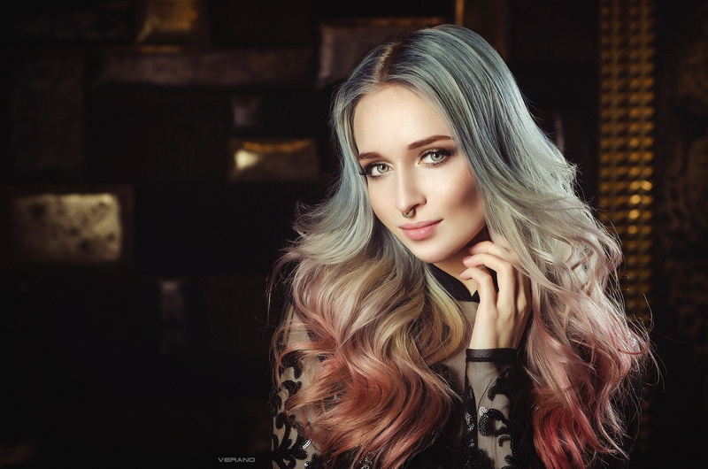Alberta Ushakova, dyed hair, blonde, portrait, face, women, 1080P, nose rings