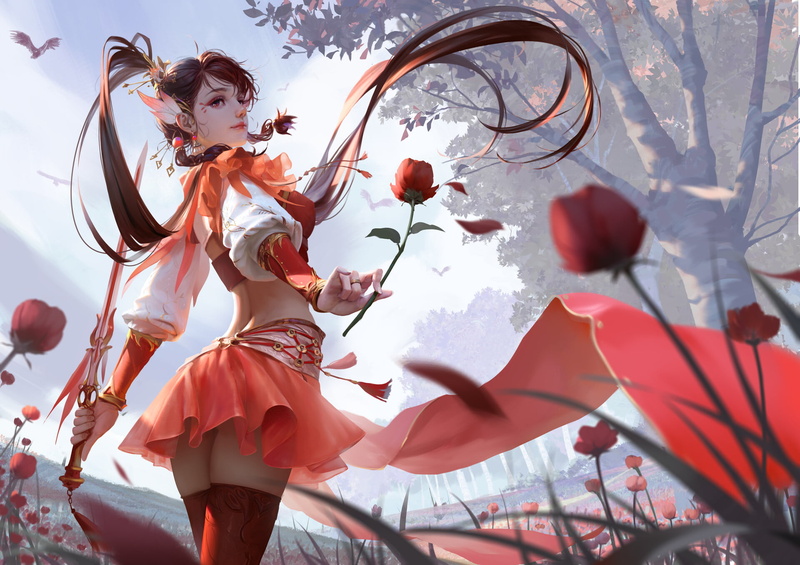 ponytail, thigh-highs, sword, skirt, Rui Li, flowers, 1080P, women, looking away, drawing, field, face paint, warrior, brunette, red clothing, poppies