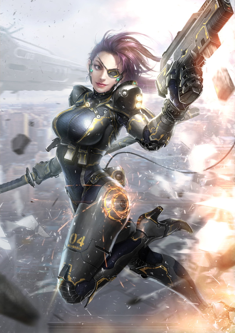 weapon, eye patch, warrior, bodysuit, 720P, women, armor, fighting, sword, cyberpunk, purple hair, spark, Yoon Lee, drawing, gun