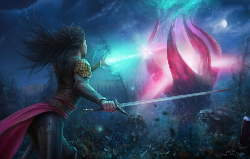 long hair, 720P, wind, sword, women, spell, warrior, Jorsch, creature, weapon, magic, drawing