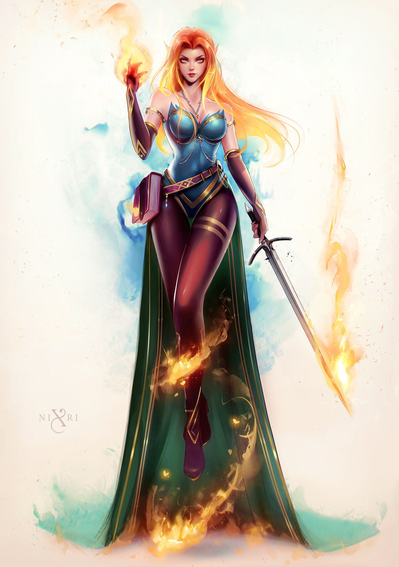 dress, floating, weapon, Nixri, long hair, women, sword, fire, 1080P, elves, redhead, books, magician, fantasy art, drawing