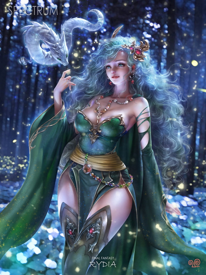 jewelry, blue hair, Final Fantasy, magic, women, 720P, dress, serpent, drawing, hair accessories, long hair, green clothing, fantasy art, Mansik Yang