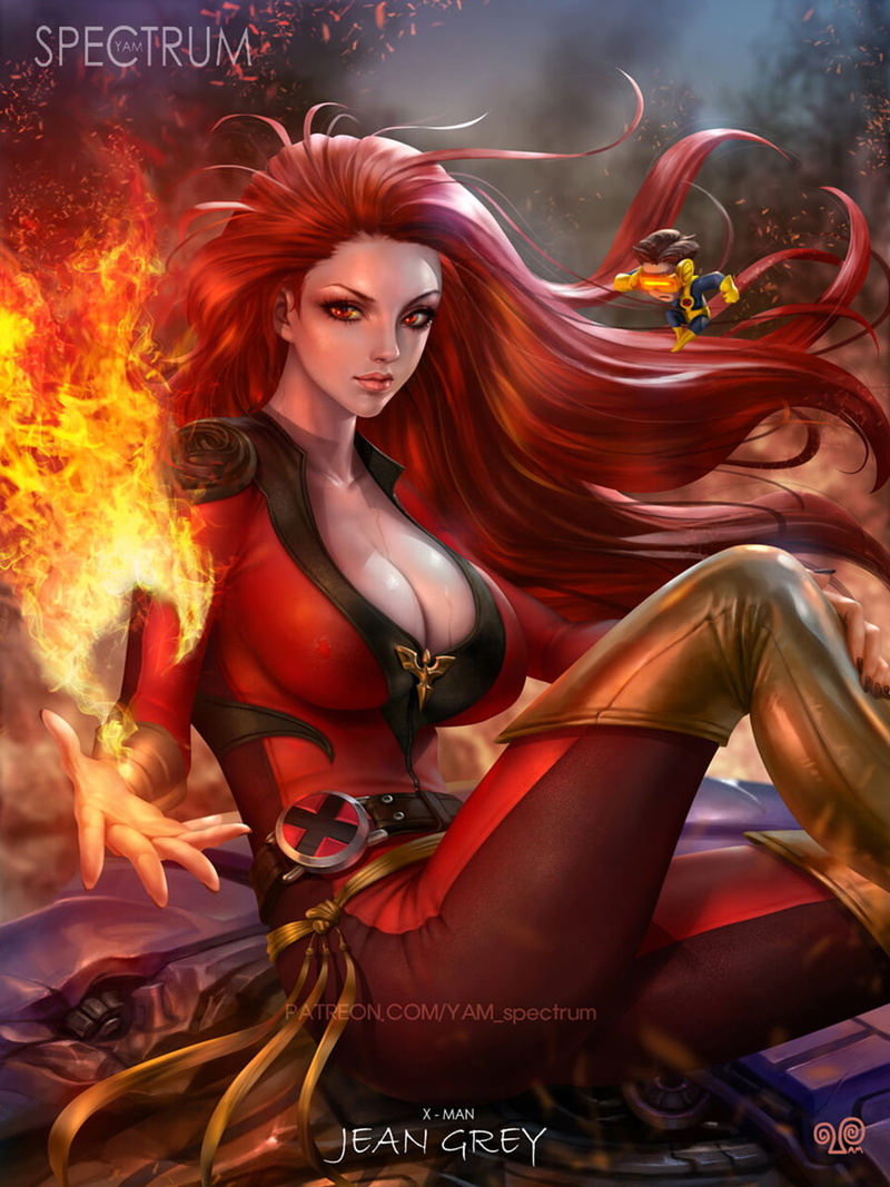 redhead, Mansik Yang, 720P, red clothing, red eyes, looking at viewer, women, fire, X-Men, spell, wind, long hair, Jean Grey, drawing