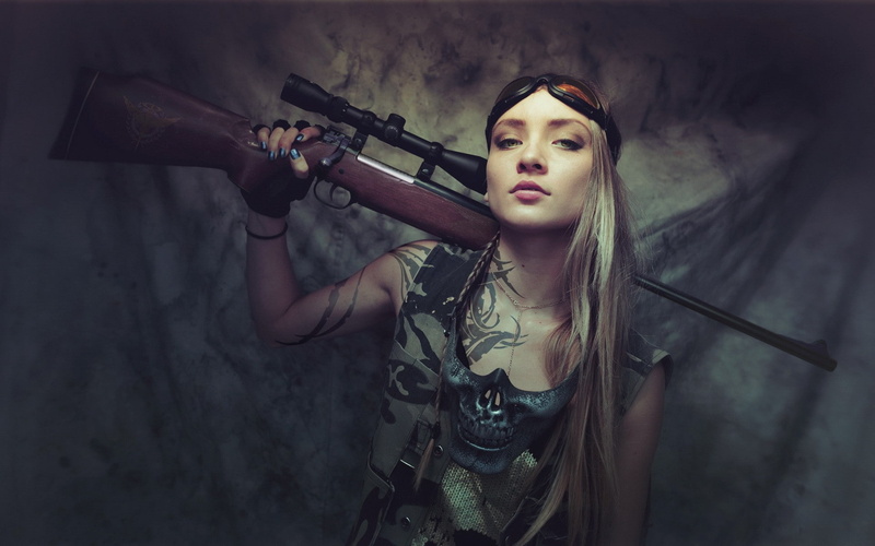 women, 1080P, blonde, army gear, rifles
