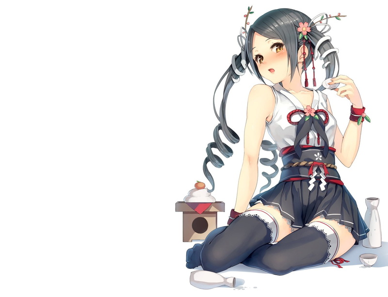cherry, 720P, paseri, snake, clothes, black, twintails, animal, long, food, drink, sake, japanese, hair, thighhighs, white, original, blush