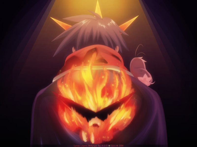 black background, indoors, nature, fire, animal themes, animal, representation, glowing, Tengen Toppa Gurren Lagann, creativity, celebration, no people