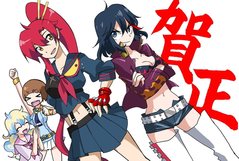 Teppelin Nia, 480P, mammal, music, Littner Yoko, Kill la Kill, art and craft, celebration, Matoi Ryuuko, Tengen Toppa Gurren Lagann, white background