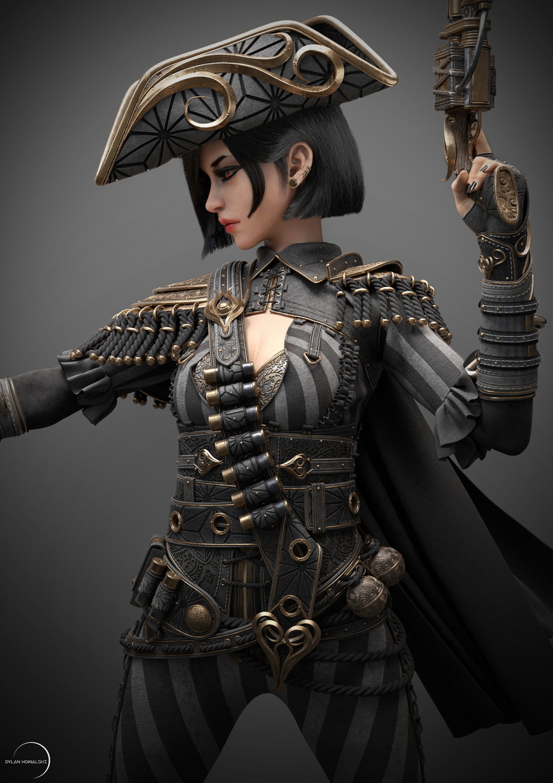 CGI, 2K, fantasy girl, girls with guns, red eyes, fantasy art, standing, dark hair, digital art, render, women, Dylan Kowalski