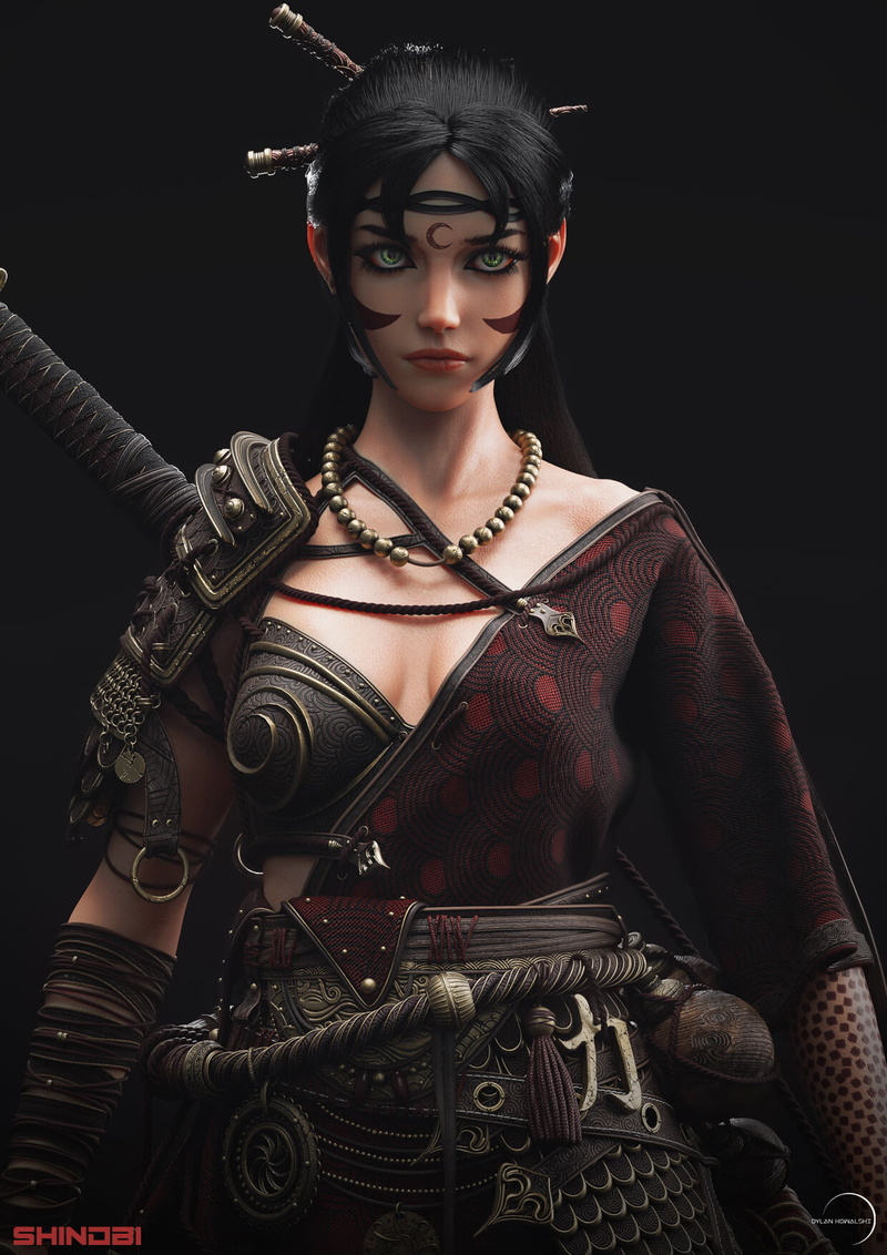 720P, women, ropes, simple background, green eyes, Dylan Kowalski, looking away, CGI, warrior, weapon, dark hair, cloth