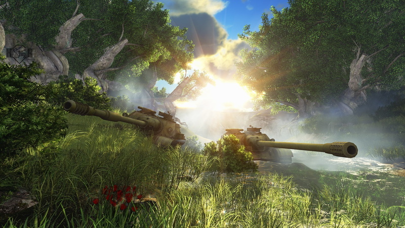 aggression, Tanks, plant, nature, Su-122-54, military, Wot, day, sky, environment, 1080P, forest, conflict, tree, gun, sunlight, grass, land, sunbeam