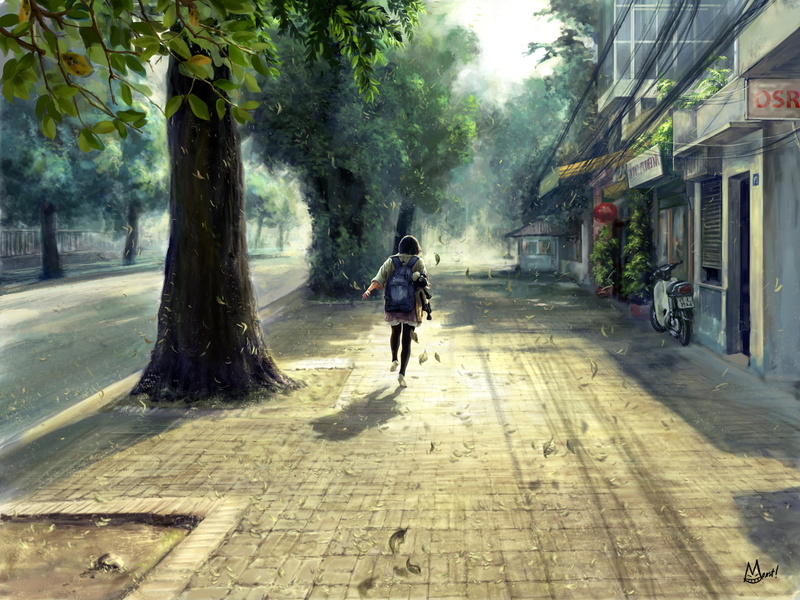 skateboard, game, road, carrying, artistic, backpack, 720P, woman, jacket, wearing, falling, leaves, scenario
