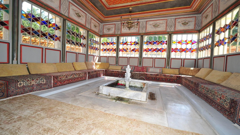 sitting, nature and landscapes, 1080P, stained glass, room, marble, benches, fountain