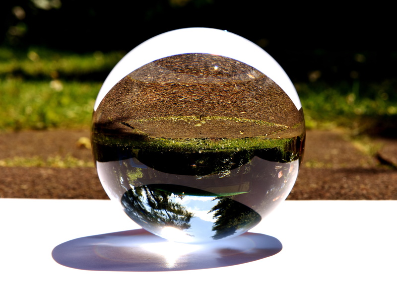 table, freshness, reflections, sphere, garden, focus on foreground, 5K, sunlight, close-up, balls, light reflections, mirroring, transparent, gloss, crystal ball