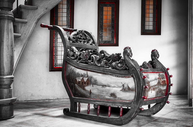 mode of transportation, architecture, sculpture, furniture, window, black and white, s w, building exterior, house, old, day, 1900, built structure, red