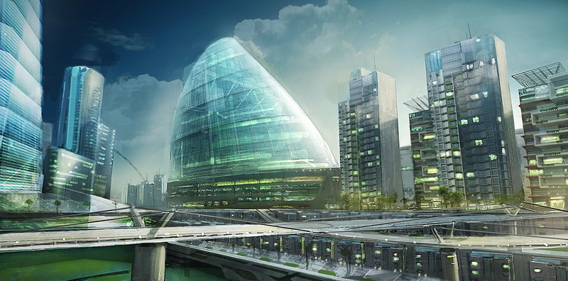 no people, city, office building exterior, street, sci, landscape, architecture, office, Dark, modern, skyscraper, residential district, traffic, built structure