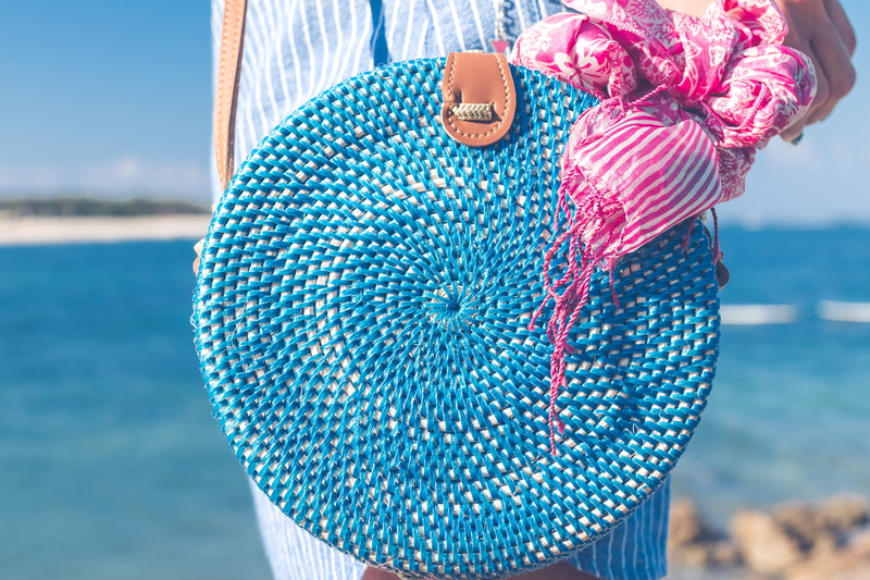 beach, outdoors, adult, rattan, bag, nature, land, midsection, pattern, pink, women, clothing, one person, standing, scarf, focus on foreground, accessory