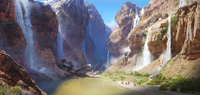 nature, 720P, fossils, waterfall, sky, rocks, water, landscape, canyon, skull