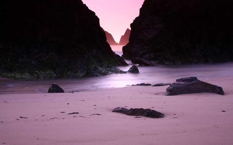 sunrise, rocks, sand, lovely, pink, 1080P, peaceful, beautiful, sunset, ocean, view, oasis, beach, splendor, seascape