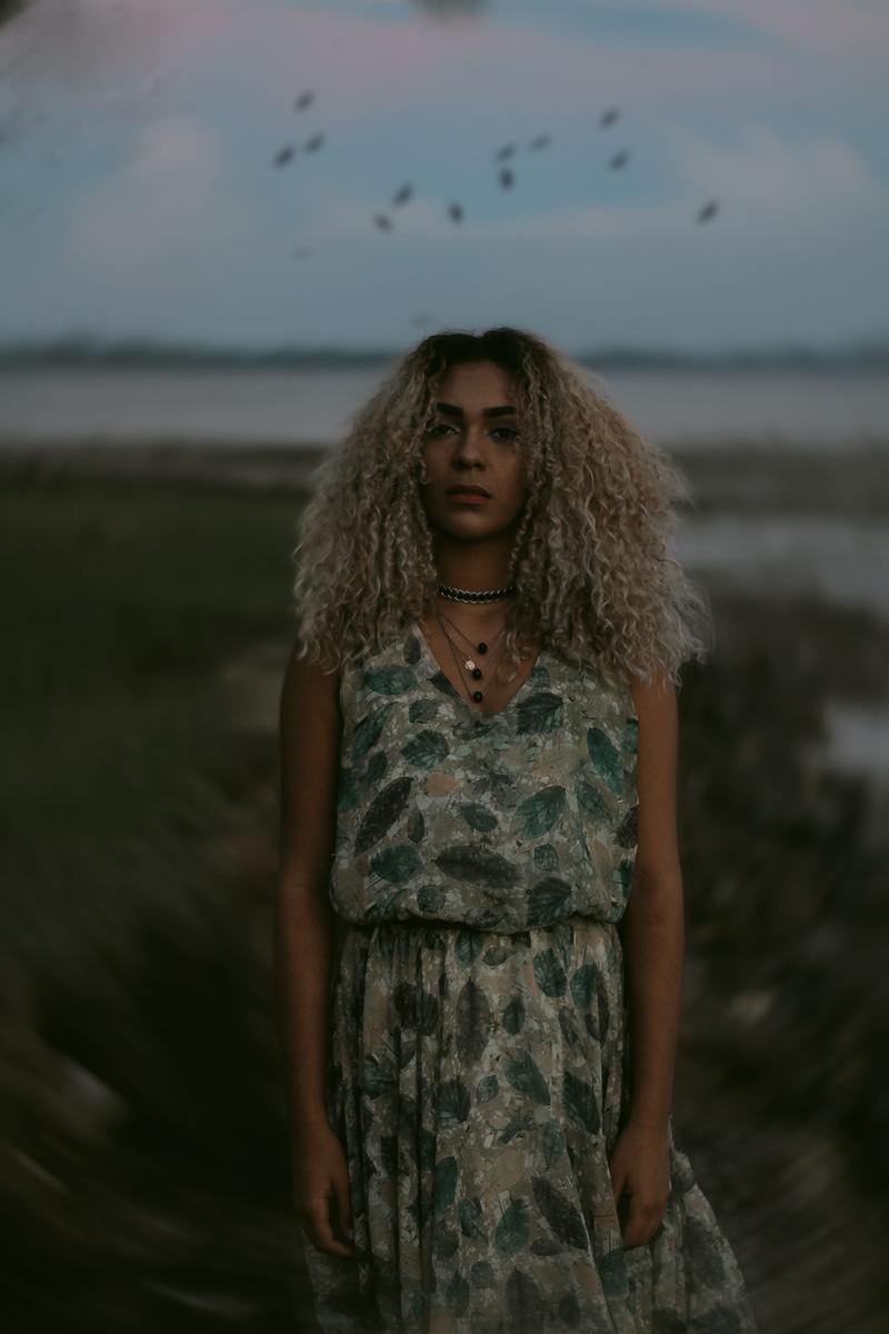 young adult, face, dark, beach, hair, after dark, field, near, tree, photography, fashion, afro hair, beauty, hairstyle, ocean, photo, standing, posing