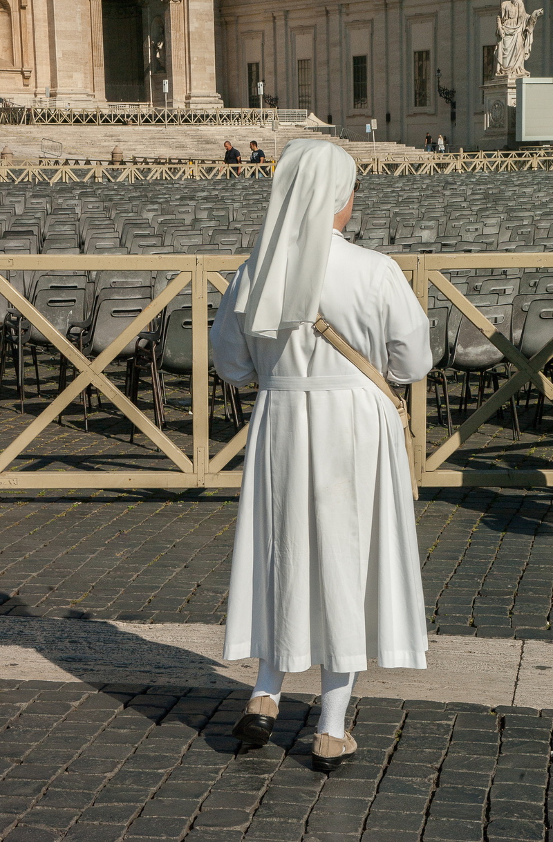 2K, rear view, architecture, religion, rome, john dory up, building exterior, full length, nun, traditional clothing, standing, religious, building, city