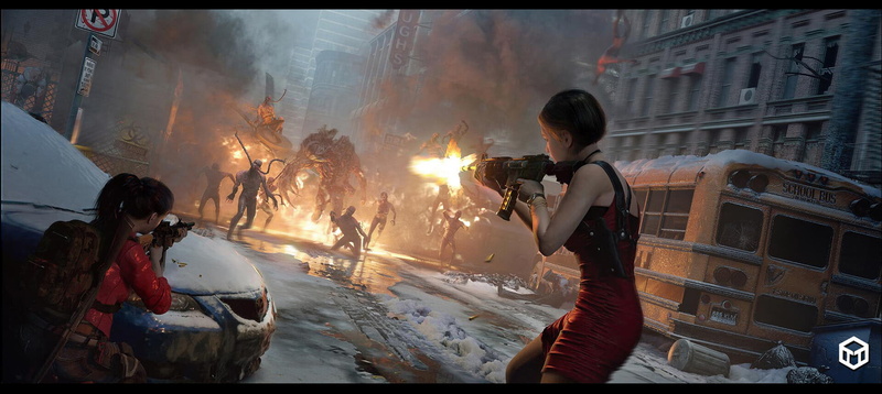 city, machine gun, snow, girls with guns, undead, artwork, zombies, 1080P, horror, two women, women