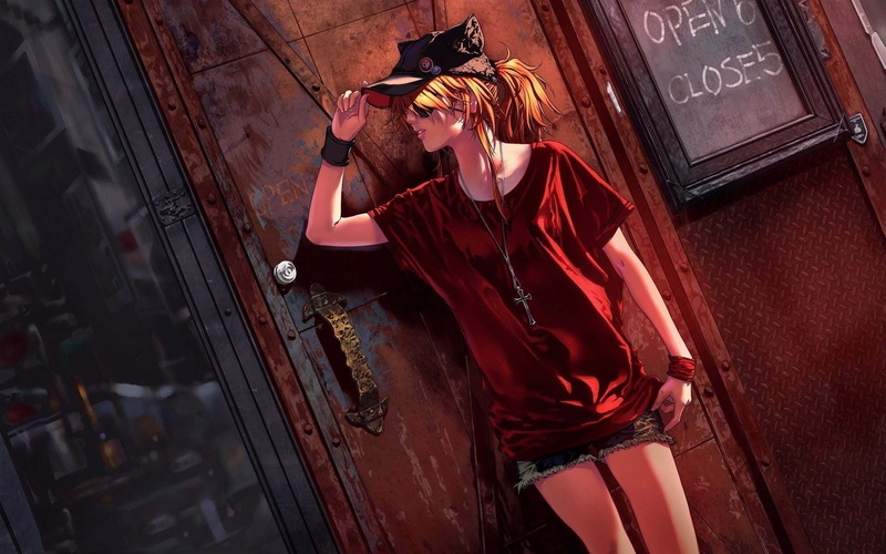 window, tilt, one person, hairstyle, obscured face, architecture, door, Neon Genesis Evangelion, clothing, day, lifestyles, 1080P, leisure activity, high angle view