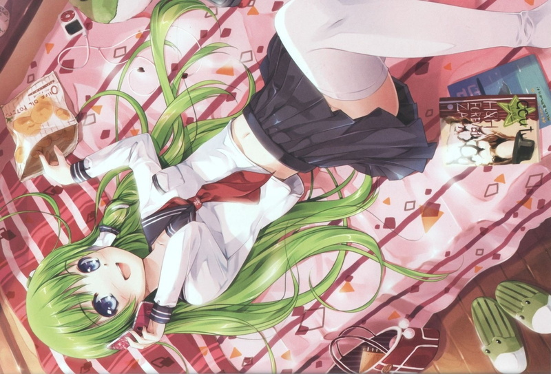 lying, blue, 720P, smiling, video, school, touhou, schoolgirls, kochiya, hair, green, ornaments, games, beds, long, uniforms, sanae, highs, eyes, thigh