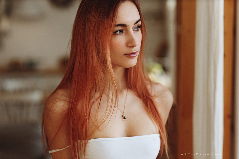 1080P, bare shoulders, women, depth of field, model, long hair, portrait, straight hair, Stepan Kvardakov, white tops, bokeh, indoors, looking away, women indoors