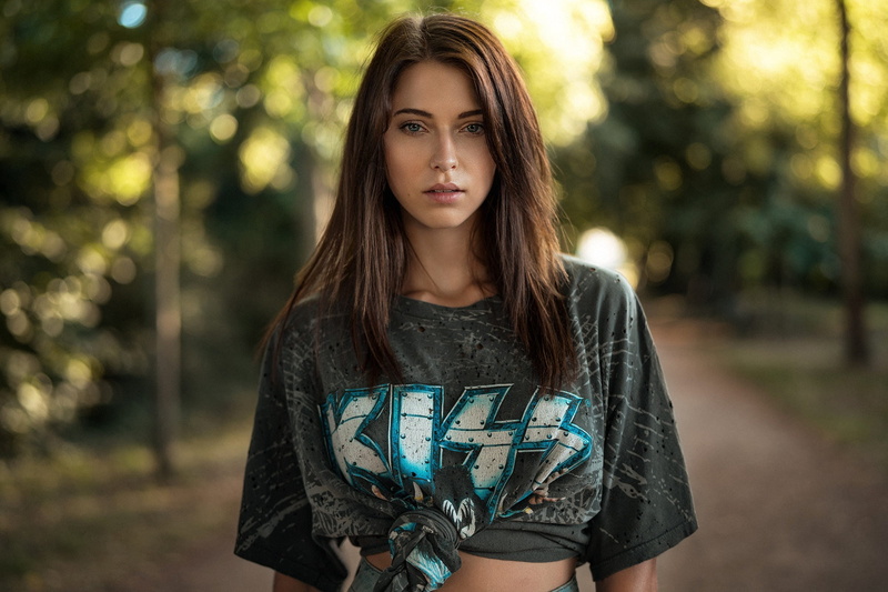 look, Laura Franziska, hairstyle, trees, portrait, Park, bokeh, 1080P, beauty, brown hair, background, Mike, Martin Kühn, makeup