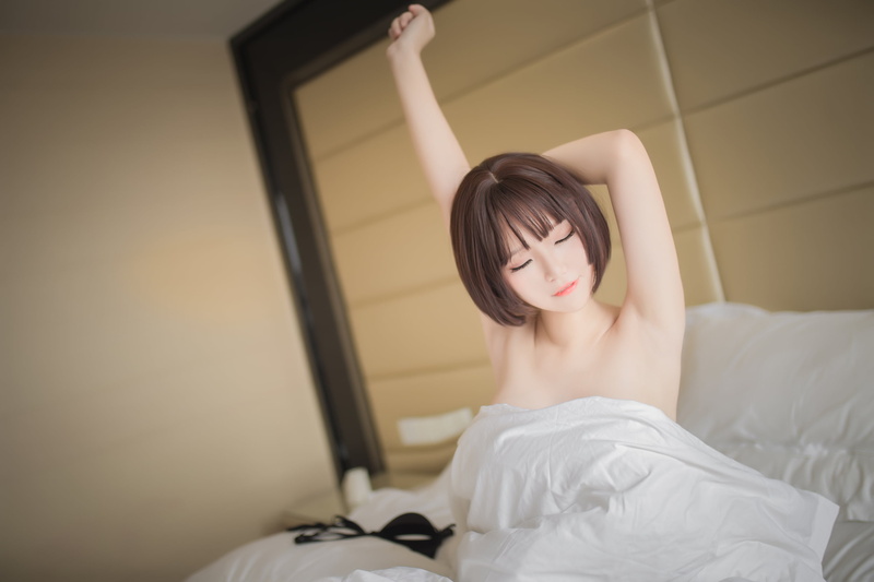 indoors, bangs, in bed, bedroom, short hair, model, depth of field, arms up, women, stretching, parted lips, Yoko Cos, women indoors, brunette, 2K, closed